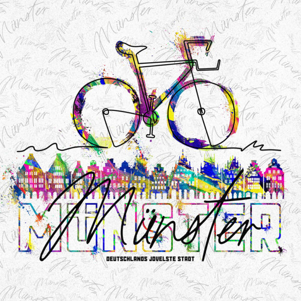 Wandbild Münster Fahrrad Skyline Prinzipalmarkt Bunt Poster Leinwand Alu-Dibond Bild