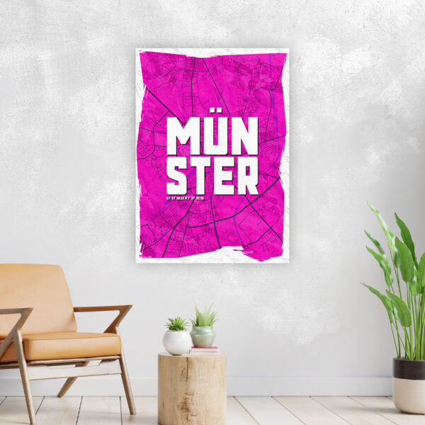 Wandbild Münster Schriftzug Stadtkarte Pink Poster Leinwand Alu-Dibond Bild