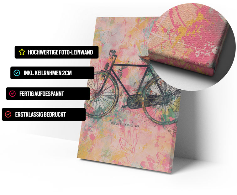 Wandbild Münster Fahrrad Rosa auf Leinwand